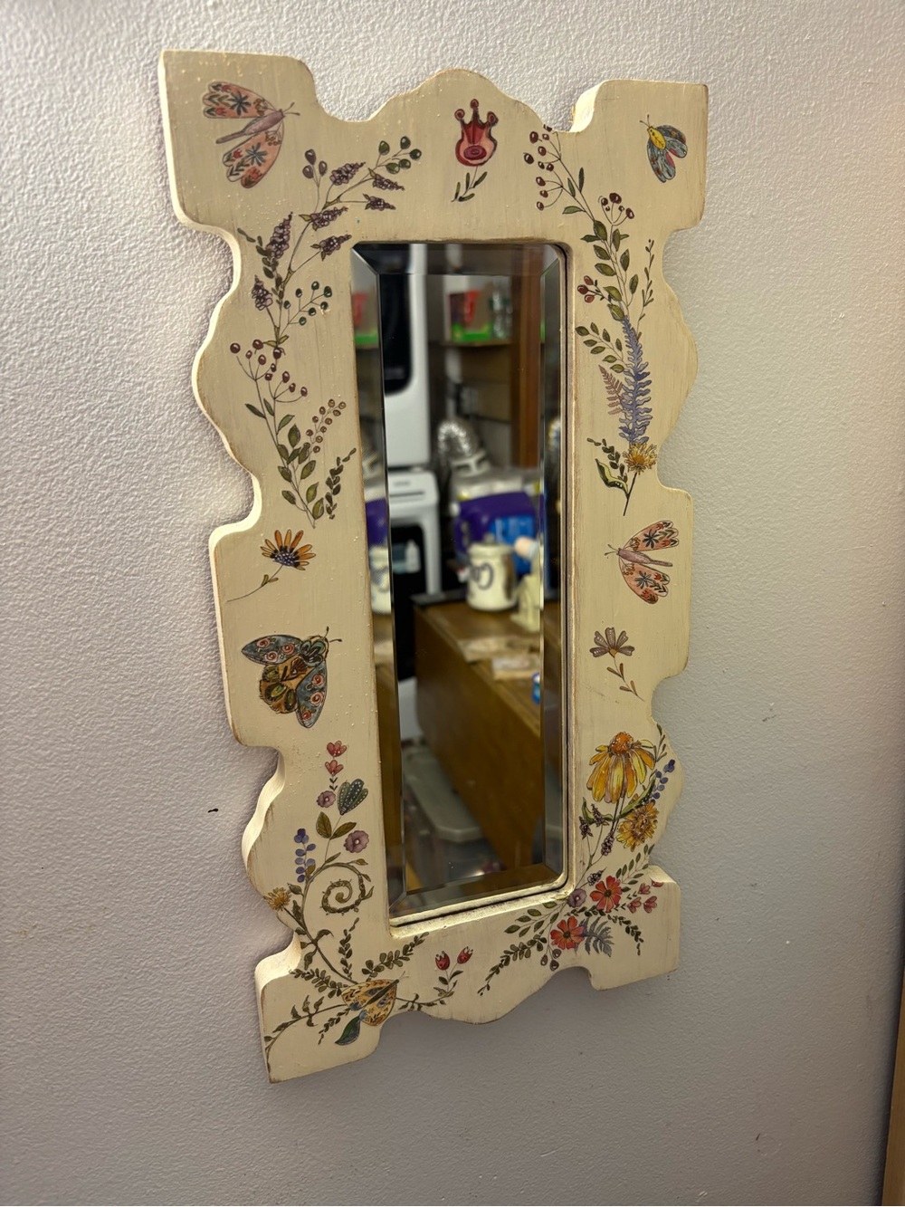 Floral  Cream Wall Mirror with Butterfly Accents